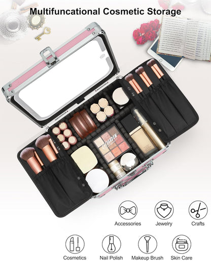 Makeup Bag with LED Mirror, Makeup Box Travel Train Case with Rechargeable Lighted Mirror & Adjustable Dividers, Cosmetic Brush Organizer Storage for Makeup Artists Gifts for Women and Girls