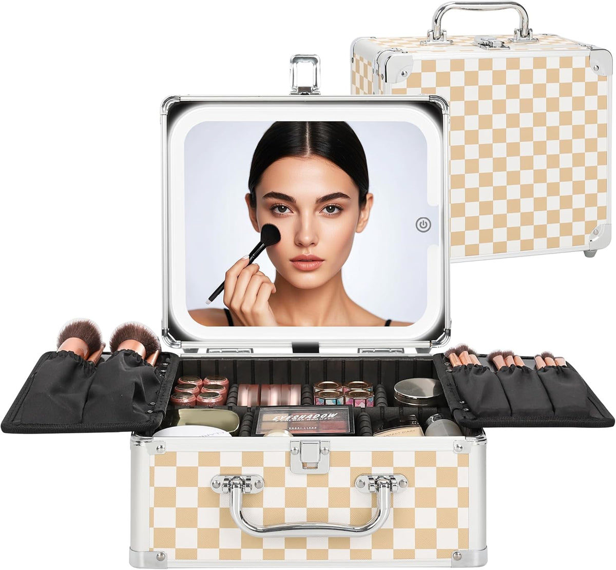 Makeup Bag with LED Mirror, Makeup Box Travel Train Case with Rechargeable Lighted Mirror & Adjustable Dividers, Cosmetic Brush Organizer Storage for Makeup Artists Gifts for Women and Girls