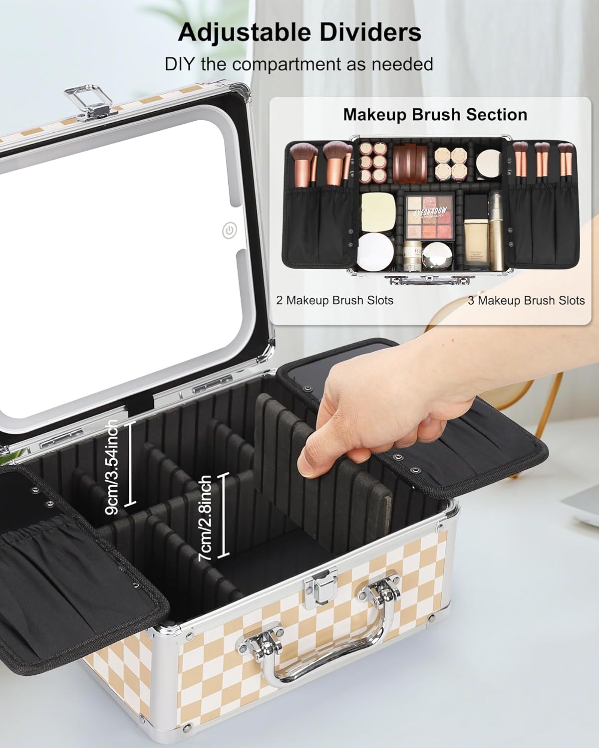 Makeup Bag with LED Mirror, Makeup Box Travel Train Case with Rechargeable Lighted Mirror & Adjustable Dividers, Cosmetic Brush Organizer Storage for Makeup Artists Gifts for Women and Girls