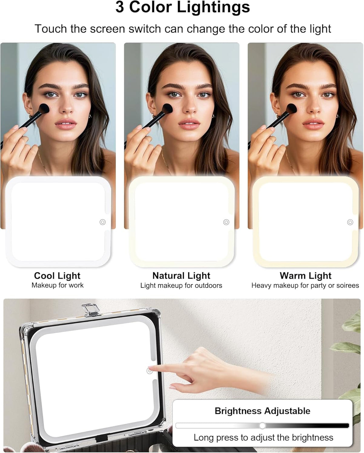 Makeup Bag with LED Mirror, Makeup Box Travel Train Case with Rechargeable Lighted Mirror & Adjustable Dividers, Cosmetic Brush Organizer Storage for Makeup Artists Gifts for Women and Girls