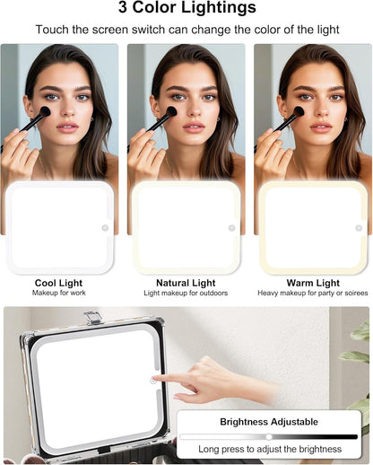 Makeup Bag with LED Mirror, Makeup Box Travel Train Case with Rechargeable Lighted Mirror & Adjustable Dividers, Cosmetic Brush Organizer Storage for Makeup Artists Gifts for Women and Girls