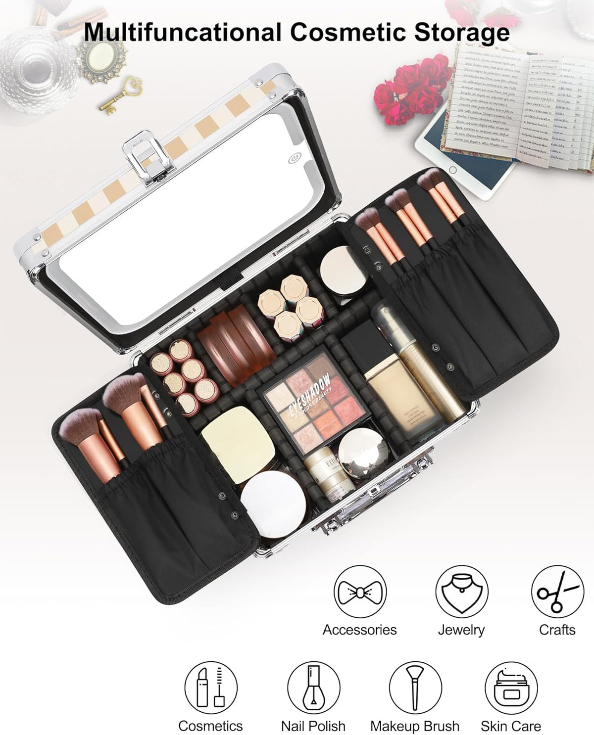 Makeup Bag with LED Mirror, Makeup Box Travel Train Case with Rechargeable Lighted Mirror & Adjustable Dividers, Cosmetic Brush Organizer Storage for Makeup Artists Gifts for Women and Girls