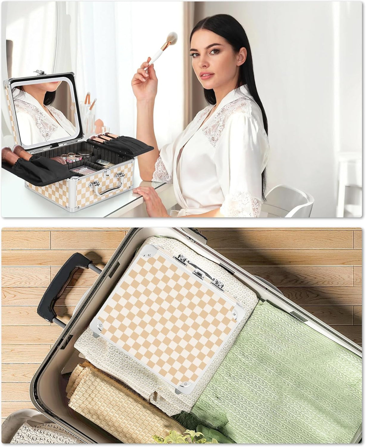 Makeup Bag with LED Mirror, Makeup Box Travel Train Case with Rechargeable Lighted Mirror & Adjustable Dividers, Cosmetic Brush Organizer Storage for Makeup Artists Gifts for Women and Girls
