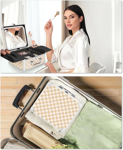 Makeup Bag with LED Mirror, Makeup Box Travel Train Case with Rechargeable Lighted Mirror & Adjustable Dividers, Cosmetic Brush Organizer Storage for Makeup Artists Gifts for Women and Girls