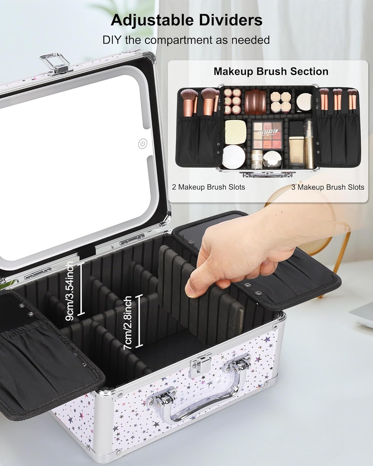 Makeup Bag with LED Mirror, Makeup Box Travel Train Case with Rechargeable Lighted Mirror & Adjustable Dividers, Cosmetic Brush Organizer Storage for Makeup Artists Gifts for Women and Girls