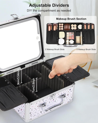 Makeup Bag with LED Mirror, Makeup Box Travel Train Case with Rechargeable Lighted Mirror & Adjustable Dividers, Cosmetic Brush Organizer Storage for Makeup Artists Gifts for Women and Girls