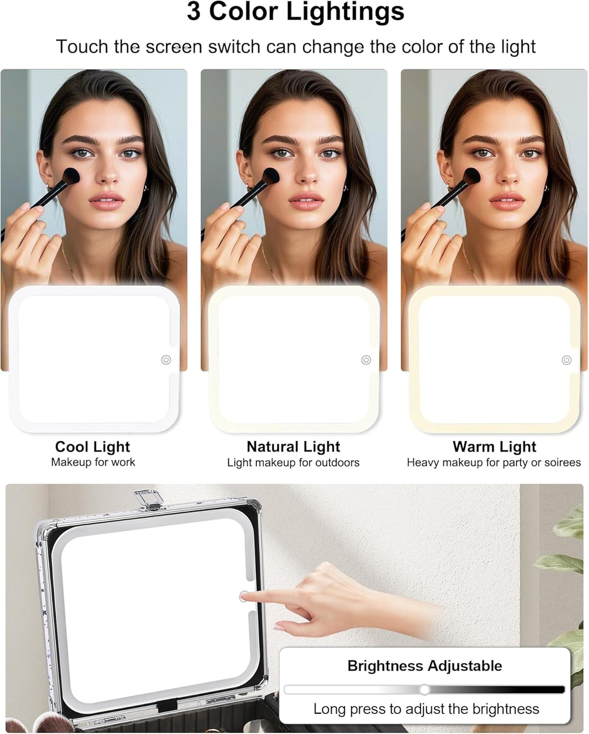 Makeup Bag with LED Mirror, Makeup Box Travel Train Case with Rechargeable Lighted Mirror & Adjustable Dividers, Cosmetic Brush Organizer Storage for Makeup Artists Gifts for Women and Girls