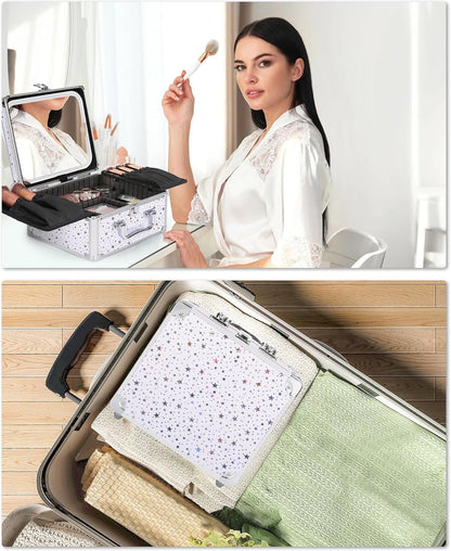 Makeup Bag with LED Mirror, Makeup Box Travel Train Case with Rechargeable Lighted Mirror & Adjustable Dividers, Cosmetic Brush Organizer Storage for Makeup Artists Gifts for Women and Girls