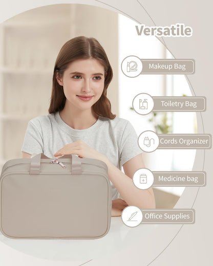 PU Leather Large Travel Toiletry Bag Women Toiletries Bag Skincare Bag Makeup Bag Organizer Make up bag Cosmetic Bag Medicine Bag for Girls (Large, Brown)