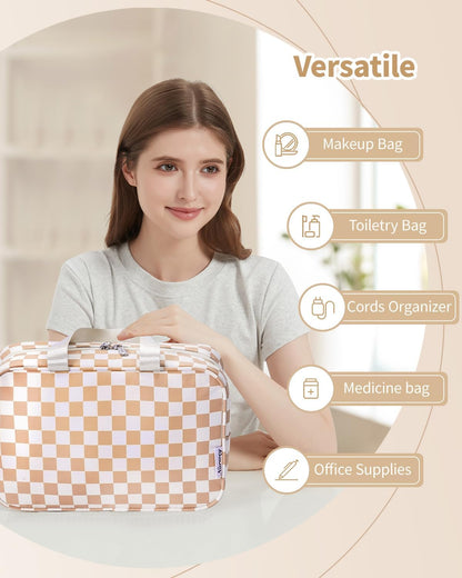 PU Leather Large Travel Toiletry Bag Women Toiletries Bag Skincare Bag Makeup Bag Organizer Make up bag Cosmetic Bag Medicine Bag for Girls (Large, Brown)