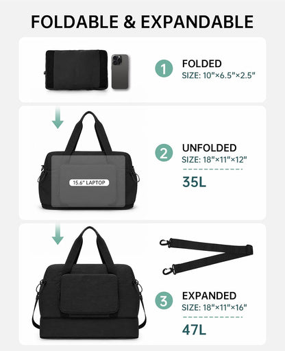 Large Fold Up Duffle Bag for Travel with Luggage Sleeve, Waterproof Gym Bag Built-In Wet Pocket, Foldable Expandable Overnight Bag for Women Men, Foldable Tote Bag for Travel Airplane, 47L Black