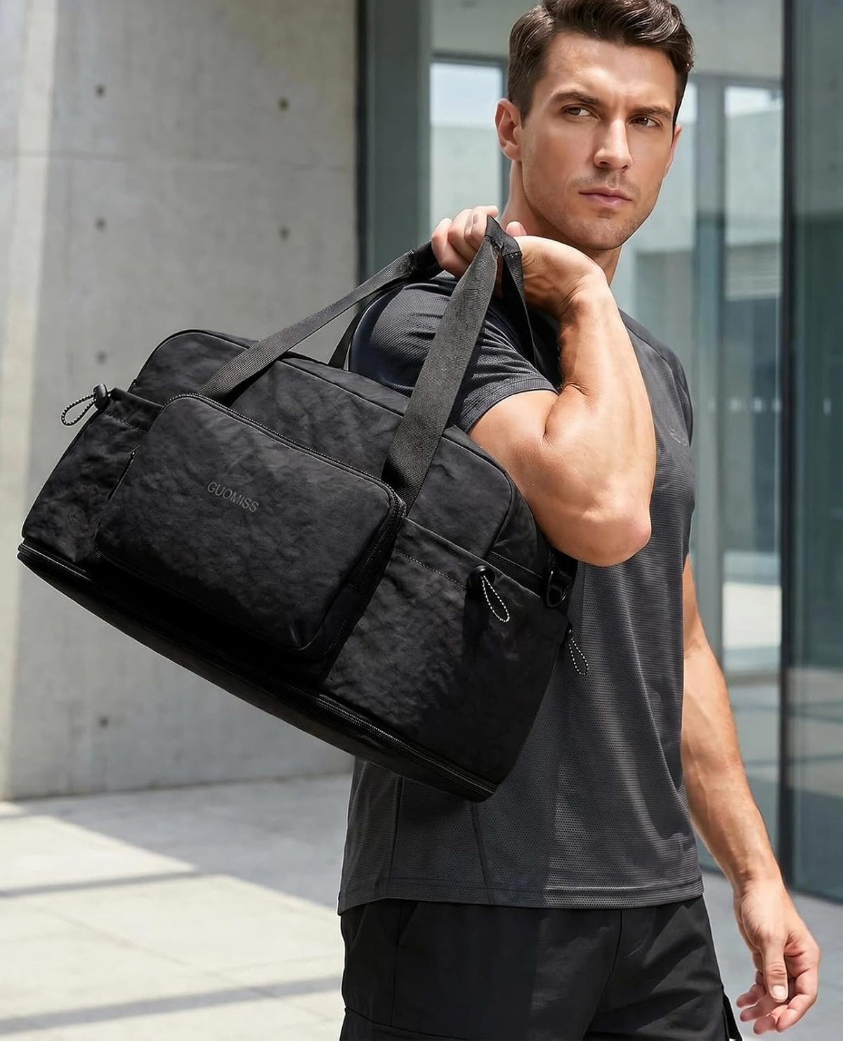 Large Fold Up Duffle Bag for Travel with Luggage Sleeve, Waterproof Gym Bag Built-In Wet Pocket, Foldable Expandable Overnight Bag for Women Men, Foldable Tote Bag for Travel Airplane, 47L Black