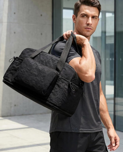 Large Fold Up Duffle Bag for Travel with Luggage Sleeve, Waterproof Gym Bag Built-In Wet Pocket, Foldable Expandable Overnight Bag for Women Men, Foldable Tote Bag for Travel Airplane, 47L Black