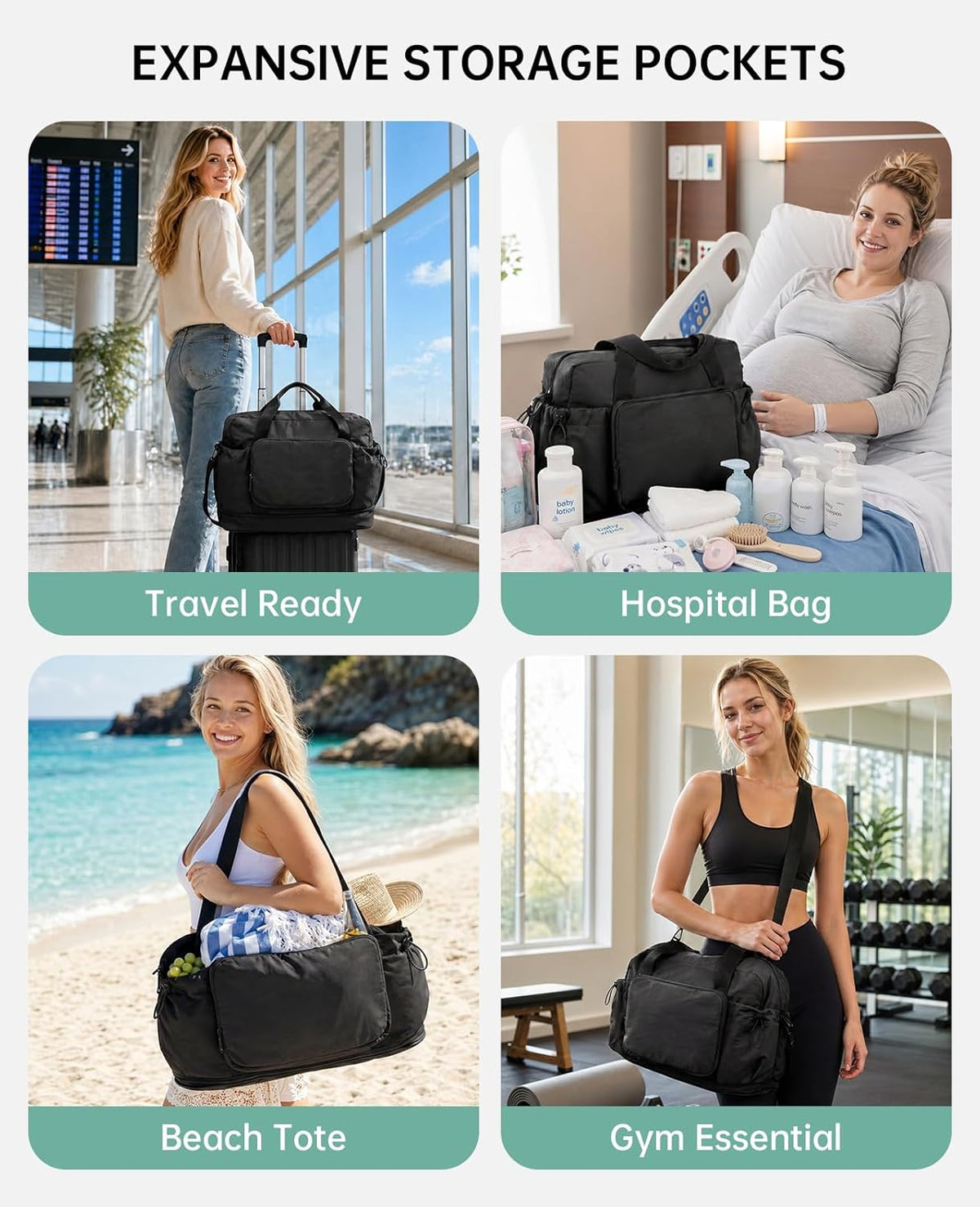 Large Fold Up Duffle Bag for Travel with Luggage Sleeve, Waterproof Gym Bag Built-In Wet Pocket, Foldable Expandable Overnight Bag for Women Men, Foldable Tote Bag for Travel Airplane, 47L Black