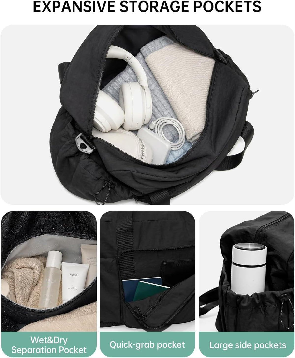 Large Fold Up Duffle Bag for Travel with Luggage Sleeve, Waterproof Gym Bag Built-In Wet Pocket, Foldable Expandable Overnight Bag for Women Men, Foldable Tote Bag for Travel Airplane, 47L Black
