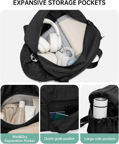 Large Fold Up Duffle Bag for Travel with Luggage Sleeve, Waterproof Gym Bag Built-In Wet Pocket, Foldable Expandable Overnight Bag for Women Men, Foldable Tote Bag for Travel Airplane, 47L Black