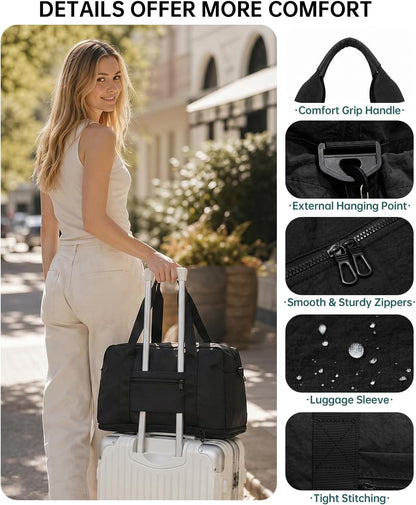 Large Fold Up Duffle Bag for Travel with Luggage Sleeve, Waterproof Gym Bag Built-In Wet Pocket, Foldable Expandable Overnight Bag for Women Men, Foldable Tote Bag for Travel Airplane, 47L Black