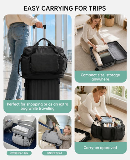 Large Fold Up Duffle Bag for Travel with Luggage Sleeve, Waterproof Gym Bag Built-In Wet Pocket, Foldable Expandable Overnight Bag for Women Men, Foldable Tote Bag for Travel Airplane, 47L Black