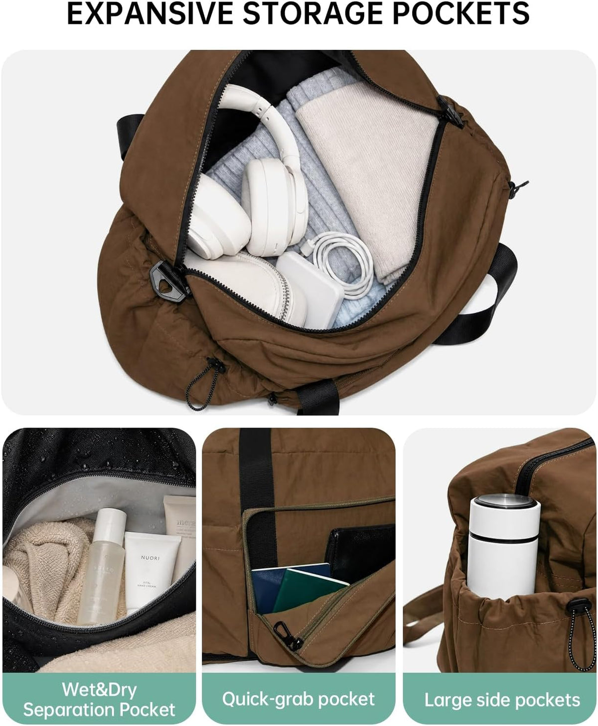 Large Fold Up Duffle Bag for Travel with Luggage Sleeve, Waterproof Gym Bag Built-In Wet Pocket, Foldable Expandable Overnight Bag for Women Men, Foldable Tote Bag for Travel Airplane, 47L Black