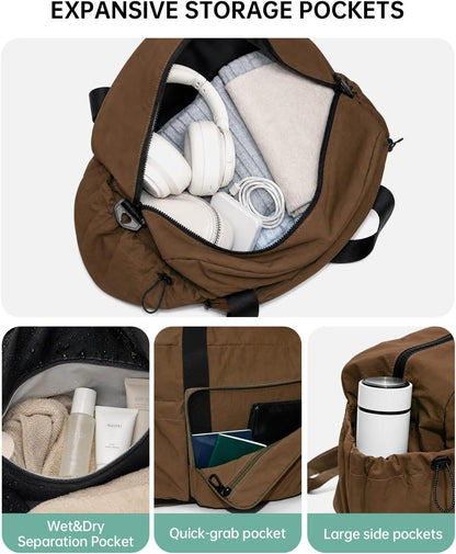 Large Fold Up Duffle Bag for Travel with Luggage Sleeve, Waterproof Gym Bag Built-In Wet Pocket, Foldable Expandable Overnight Bag for Women Men, Foldable Tote Bag for Travel Airplane, 47L Black
