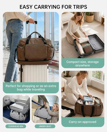 Large Fold Up Duffle Bag for Travel with Luggage Sleeve, Waterproof Gym Bag Built-In Wet Pocket, Foldable Expandable Overnight Bag for Women Men, Foldable Tote Bag for Travel Airplane, 47L Black