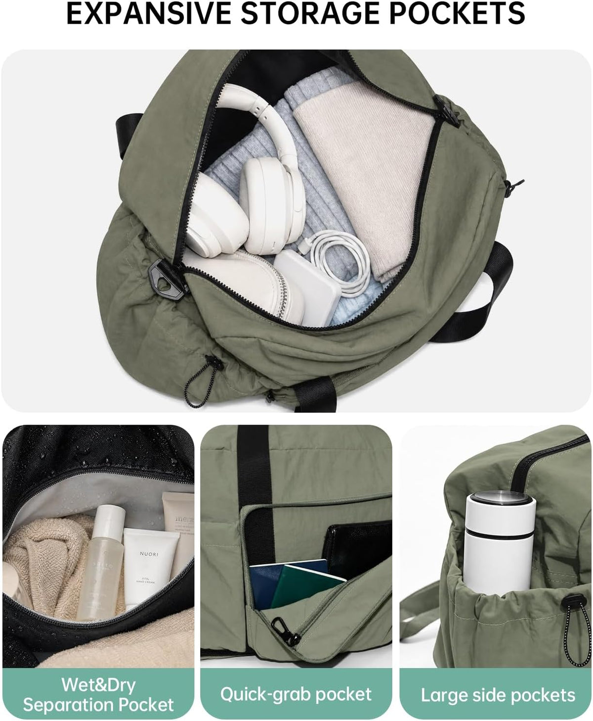 Large Fold Up Duffle Bag for Travel with Luggage Sleeve, Waterproof Gym Bag Built-In Wet Pocket, Foldable Expandable Overnight Bag for Women Men, Foldable Tote Bag for Travel Airplane, 47L Black