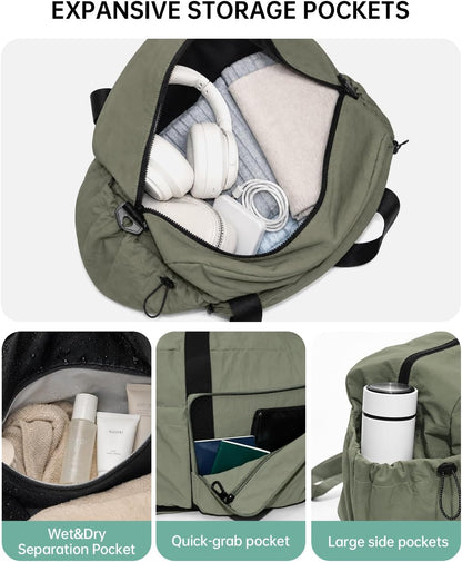 Large Fold Up Duffle Bag for Travel with Luggage Sleeve, Waterproof Gym Bag Built-In Wet Pocket, Foldable Expandable Overnight Bag for Women Men, Foldable Tote Bag for Travel Airplane, 47L Black