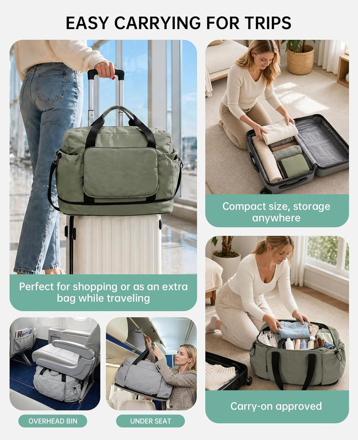 Large Fold Up Duffle Bag for Travel with Luggage Sleeve, Waterproof Gym Bag Built-In Wet Pocket, Foldable Expandable Overnight Bag for Women Men, Foldable Tote Bag for Travel Airplane, 47L Black