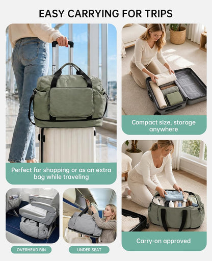 Large Fold Up Duffle Bag for Travel with Luggage Sleeve, Waterproof Gym Bag Built-In Wet Pocket, Foldable Expandable Overnight Bag for Women Men, Foldable Tote Bag for Travel Airplane, 47L Black
