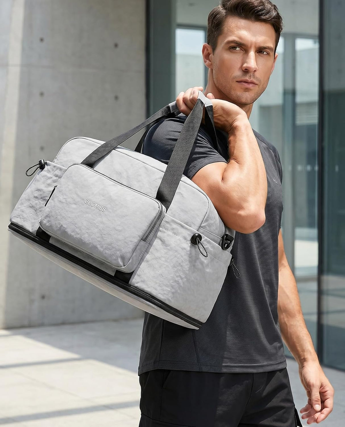 Large Fold Up Duffle Bag for Travel with Luggage Sleeve, Waterproof Gym Bag Built-In Wet Pocket, Foldable Expandable Overnight Bag for Women Men, Foldable Tote Bag for Travel Airplane, 47L Black