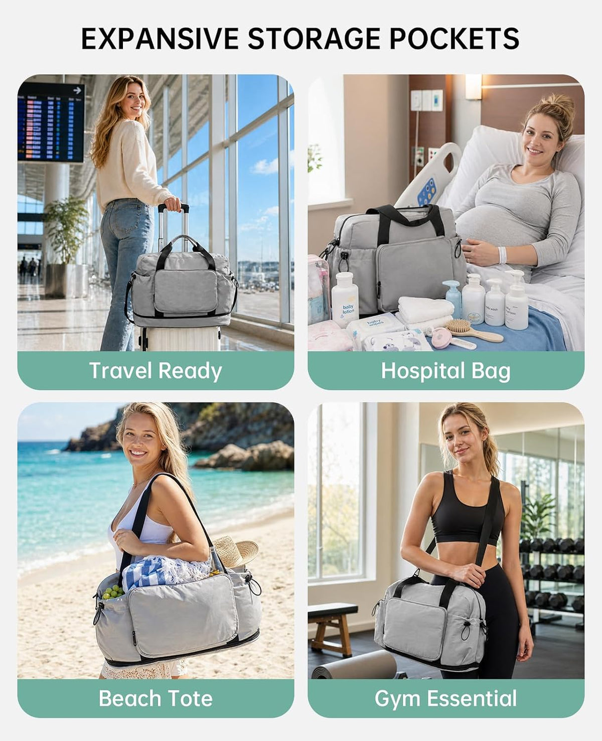 Large Fold Up Duffle Bag for Travel with Luggage Sleeve, Waterproof Gym Bag Built-In Wet Pocket, Foldable Expandable Overnight Bag for Women Men, Foldable Tote Bag for Travel Airplane, 47L Black