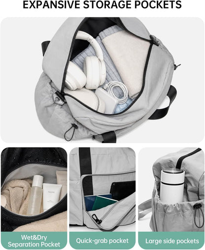 Large Fold Up Duffle Bag for Travel with Luggage Sleeve, Waterproof Gym Bag Built-In Wet Pocket, Foldable Expandable Overnight Bag for Women Men, Foldable Tote Bag for Travel Airplane, 47L Black