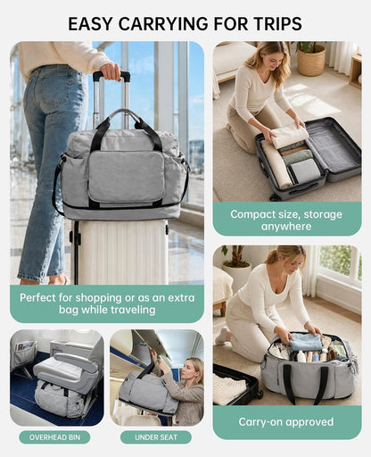 Large Fold Up Duffle Bag for Travel with Luggage Sleeve, Waterproof Gym Bag Built-In Wet Pocket, Foldable Expandable Overnight Bag for Women Men, Foldable Tote Bag for Travel Airplane, 47L Black