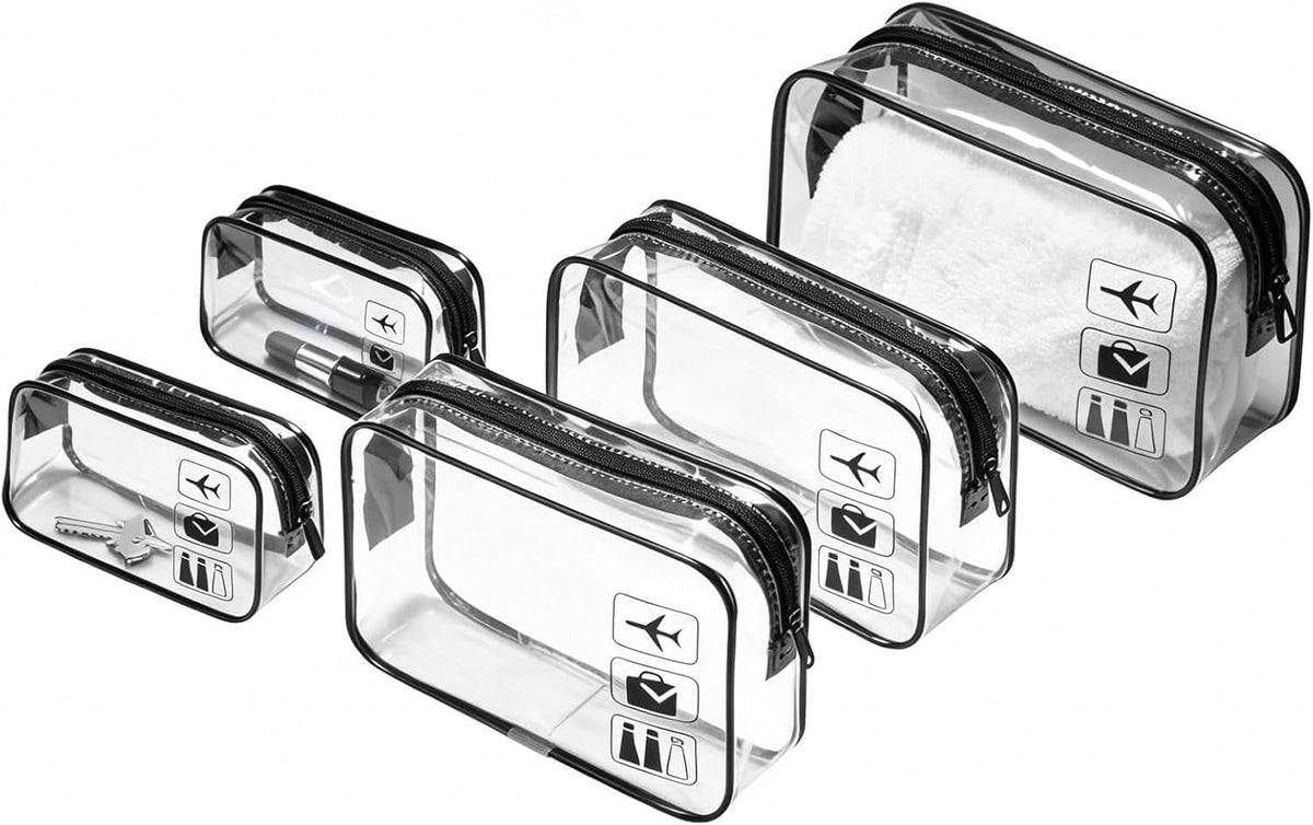 5 Pack Clear Toiletry Bag Clear Makeup Bag Zipper Toiletry Pouch | Includes 2S 2M 1L PVC Cosmetic Pouches with Zipper for TSA Toiletry Bag Set Travel Packing and Daily Organization