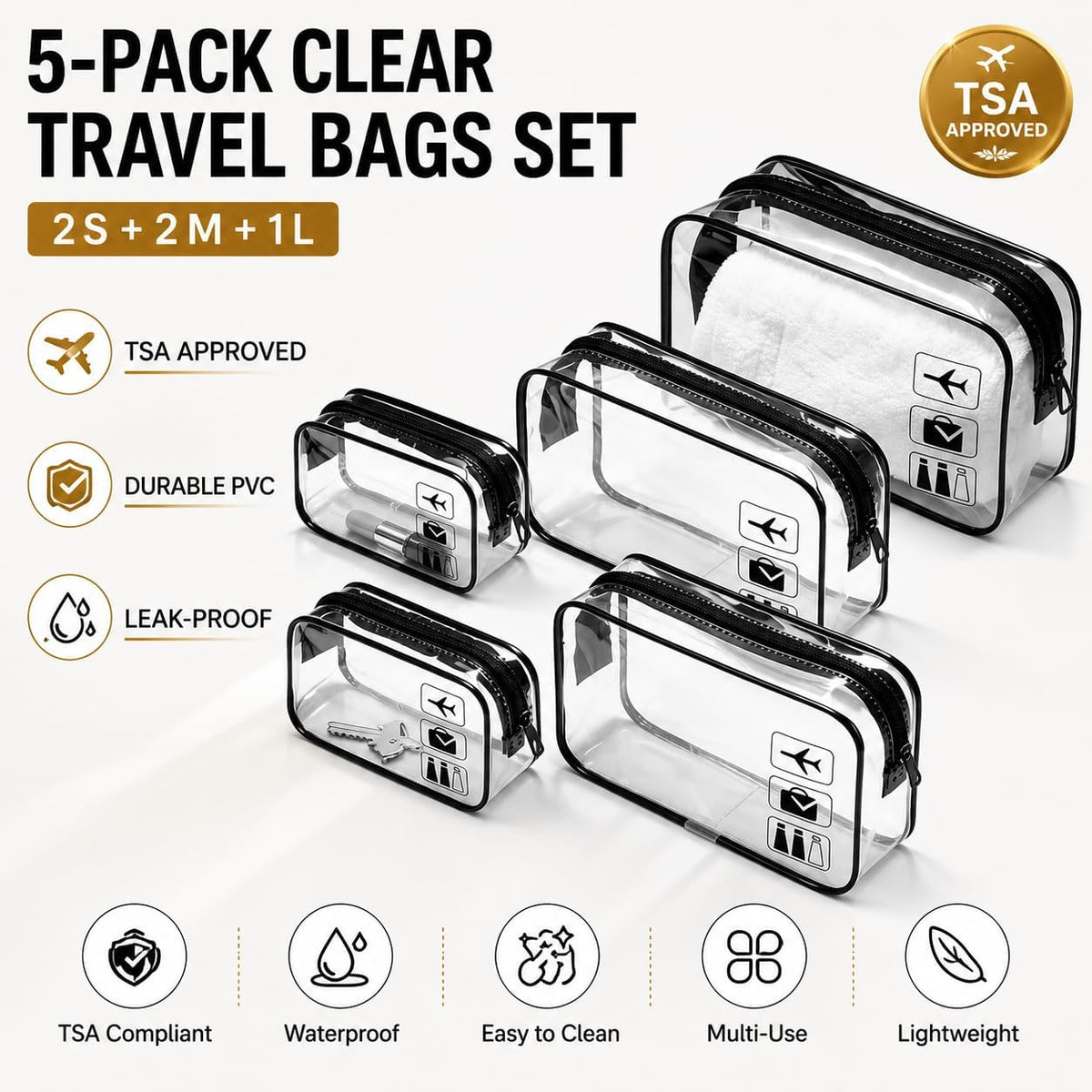 5 Pack Clear Toiletry Bag Clear Makeup Bag Zipper Toiletry Pouch | Includes 2S 2M 1L PVC Cosmetic Pouches with Zipper for TSA Toiletry Bag Set Travel Packing and Daily Organization