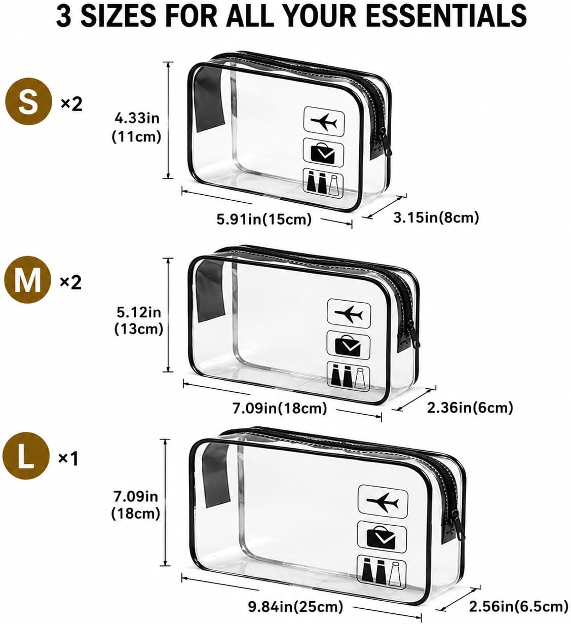 5 Pack Clear Toiletry Bag Clear Makeup Bag Zipper Toiletry Pouch | Includes 2S 2M 1L PVC Cosmetic Pouches with Zipper for TSA Toiletry Bag Set Travel Packing and Daily Organization