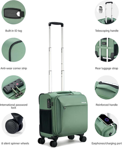 16 Inch Underseat Carry On Luggage with Wheels Small Suitcase Softside Luggage Bags for Travel Lightweight Suitcases with Wheels Travel Luggage Personal Item for Men and Women(Forest Green)