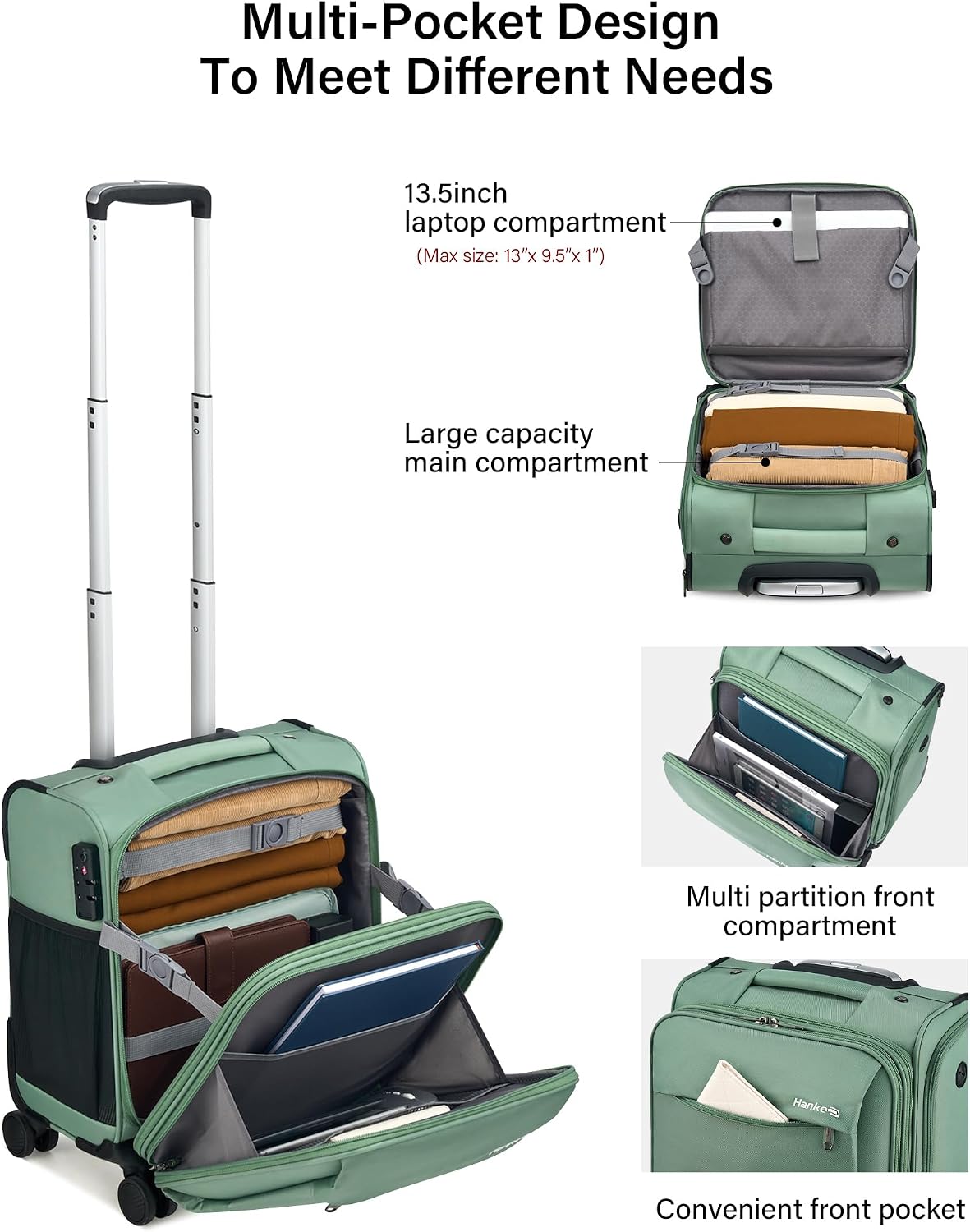 16 Inch Underseat Carry On Luggage with Wheels Small Suitcase Softside Luggage Bags for Travel Lightweight Suitcases with Wheels Travel Luggage Personal Item for Men and Women(Forest Green)