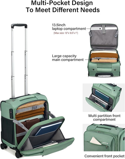 16 Inch Underseat Carry On Luggage with Wheels Small Suitcase Softside Luggage Bags for Travel Lightweight Suitcases with Wheels Travel Luggage Personal Item for Men and Women(Forest Green)