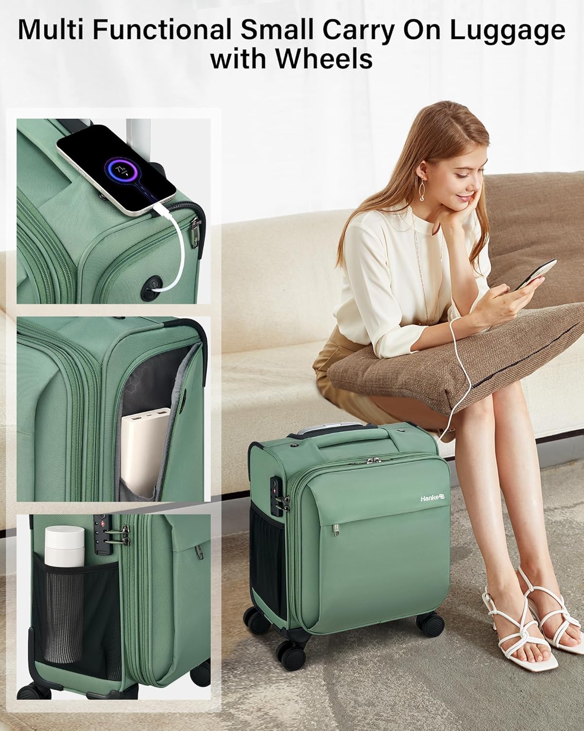 16 Inch Underseat Carry On Luggage with Wheels Small Suitcase Softside Luggage Bags for Travel Lightweight Suitcases with Wheels Travel Luggage Personal Item for Men and Women(Forest Green)