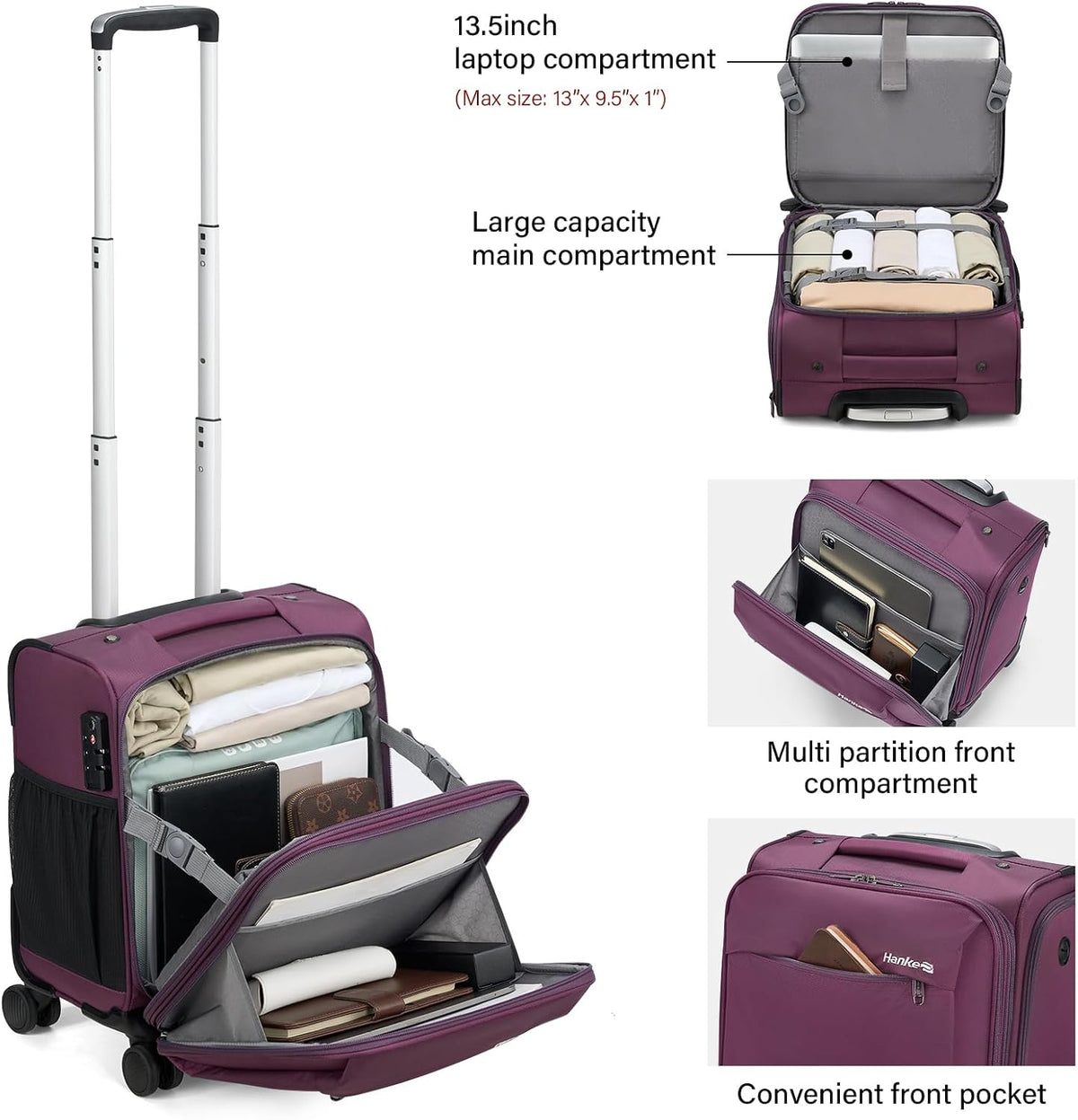 16 Inch Underseat Carry On Luggage with Wheels Small Suitcase Softside Luggage Bags for Travel Lightweight Suitcases with Wheels Travel Luggage Personal Item for Men and Women(Forest Green)