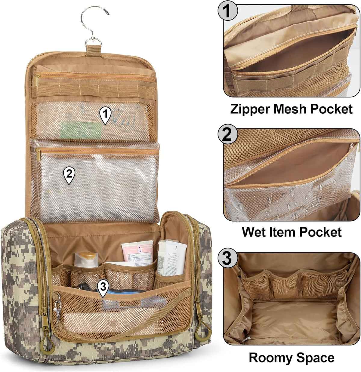 Tactical Toiletry Bag for Men, Large Hanging Dopp Kit Hygiene Bag | Travel Toiletry Bag with Hook, Dry & Wet Pockets, Shower Bag for Toiletries, Grooming, Shaving Care & Travel Essentials