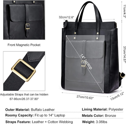 Women Genuine Leather Backpack Purse Retro Top-handle Bags Vintage Totes | Top Grain Leather, Padded Laptop Compartment, Top-handle Handbags, Vintage Casual Purse, Work Everyday