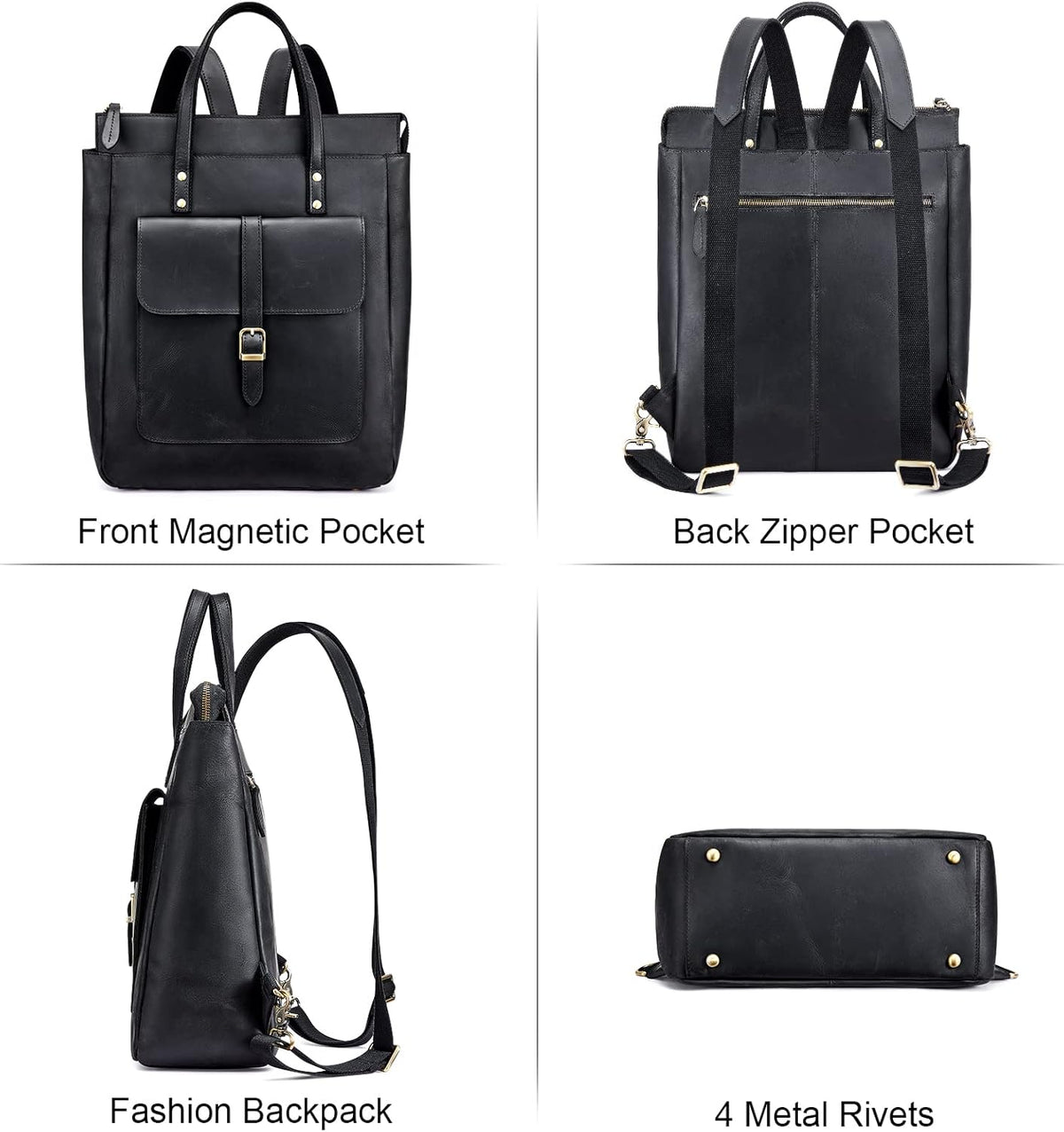 Women Genuine Leather Backpack Purse Retro Top-handle Bags Vintage Totes | Top Grain Leather, Padded Laptop Compartment, Top-handle Handbags, Vintage Casual Purse, Work Everyday