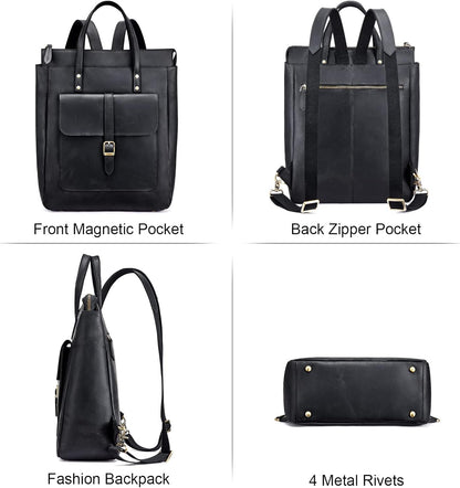 Women Genuine Leather Backpack Purse Retro Top-handle Bags Vintage Totes | Top Grain Leather, Padded Laptop Compartment, Top-handle Handbags, Vintage Casual Purse, Work Everyday