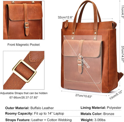Women Genuine Leather Backpack Purse Retro Top-handle Bags Vintage Totes | Top Grain Leather, Padded Laptop Compartment, Top-handle Handbags, Vintage Casual Purse, Work Everyday