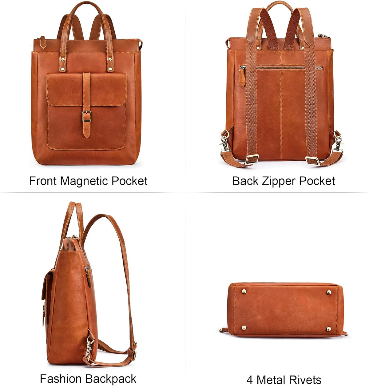 Women Genuine Leather Backpack Purse Retro Top-handle Bags Vintage Totes | Top Grain Leather, Padded Laptop Compartment, Top-handle Handbags, Vintage Casual Purse, Work Everyday