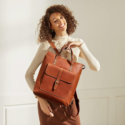 Women Genuine Leather Backpack Purse Retro Top-handle Bags Vintage Totes | Top Grain Leather, Padded Laptop Compartment, Top-handle Handbags, Vintage Casual Purse, Work Everyday