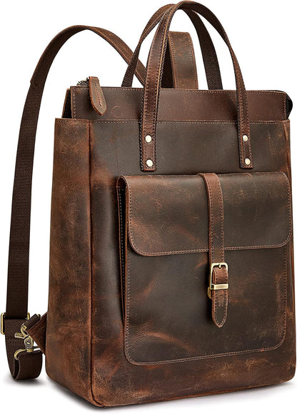 Women Genuine Leather Backpack Purse Retro Top-handle Bags Vintage Totes | Top Grain Leather, Padded Laptop Compartment, Top-handle Handbags, Vintage Casual Purse, Work Everyday