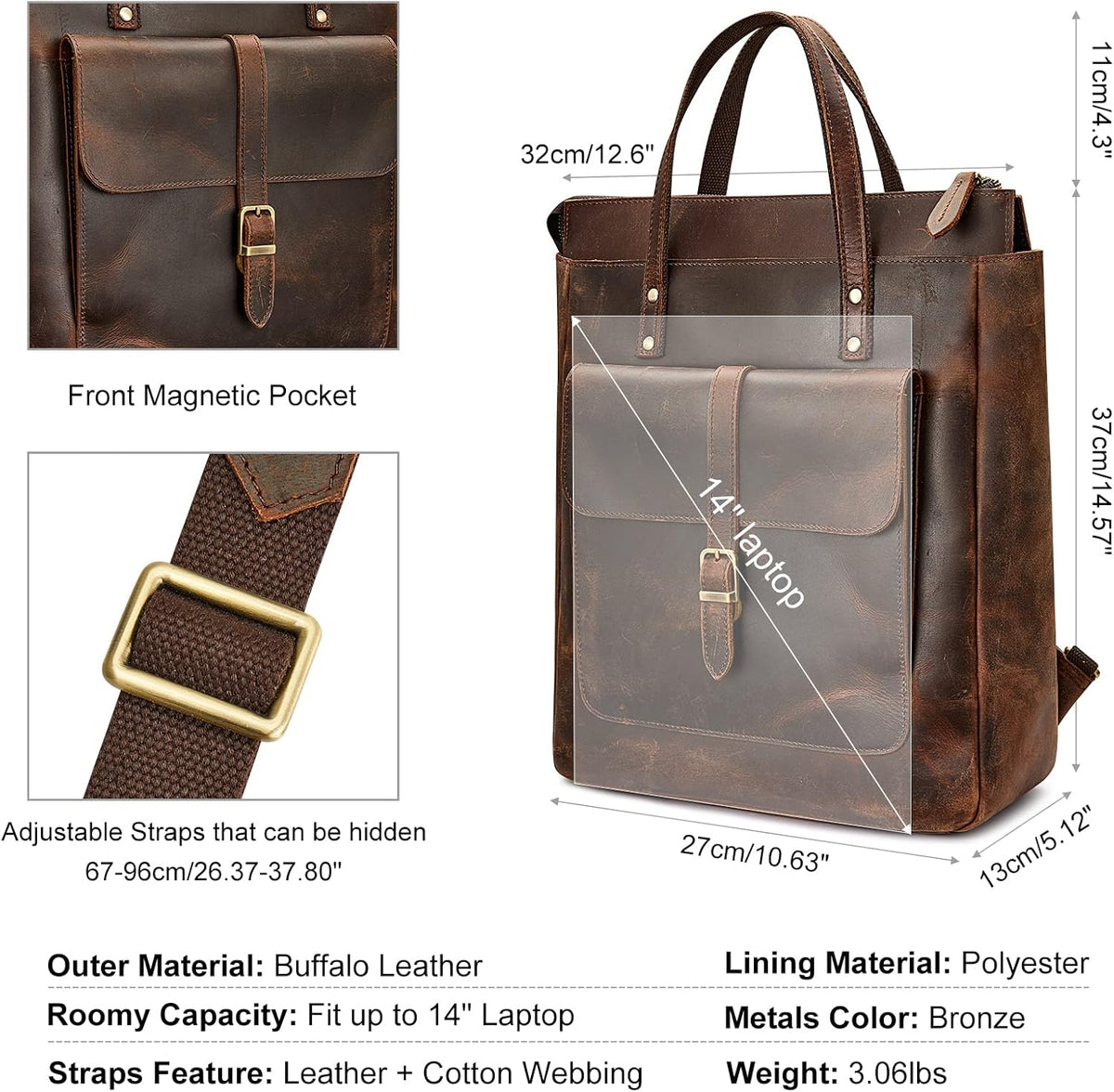 Women Genuine Leather Backpack Purse Retro Top-handle Bags Vintage Totes | Top Grain Leather, Padded Laptop Compartment, Top-handle Handbags, Vintage Casual Purse, Work Everyday